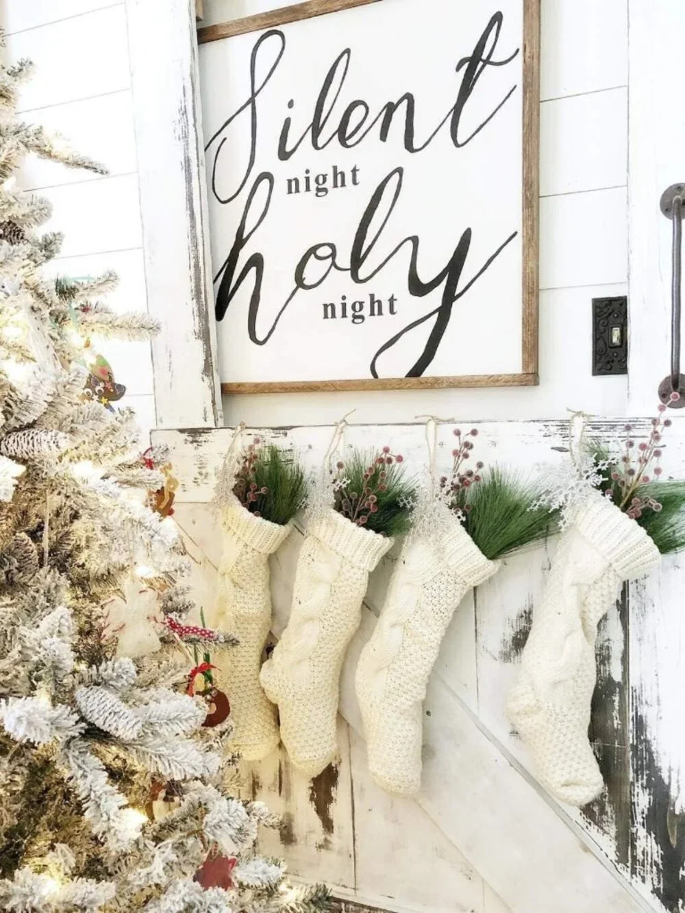 Large 18-Inch Cable Knitted Christmas Stockings - Set of 4, Ivory White Holiday